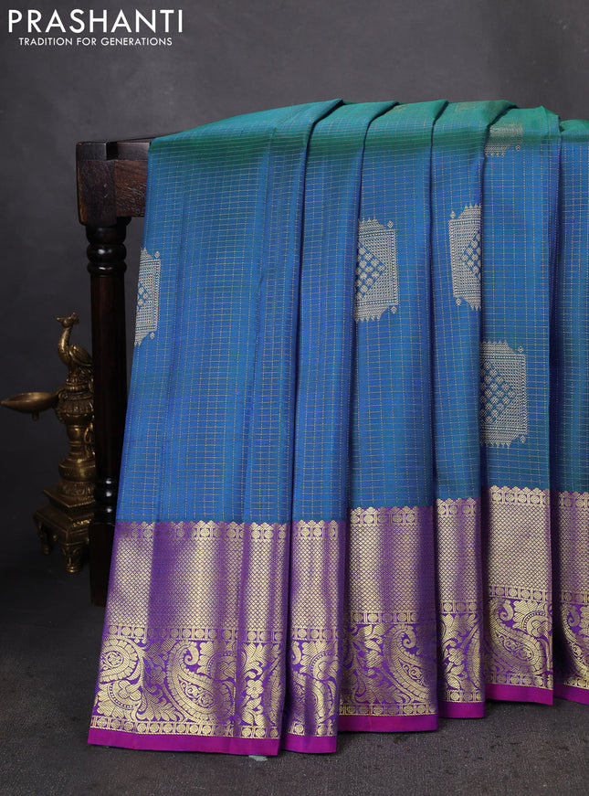 Pure kanchipuram silk saree cs blue and purple with allover zari checked pattern & buttas and zari woven border
