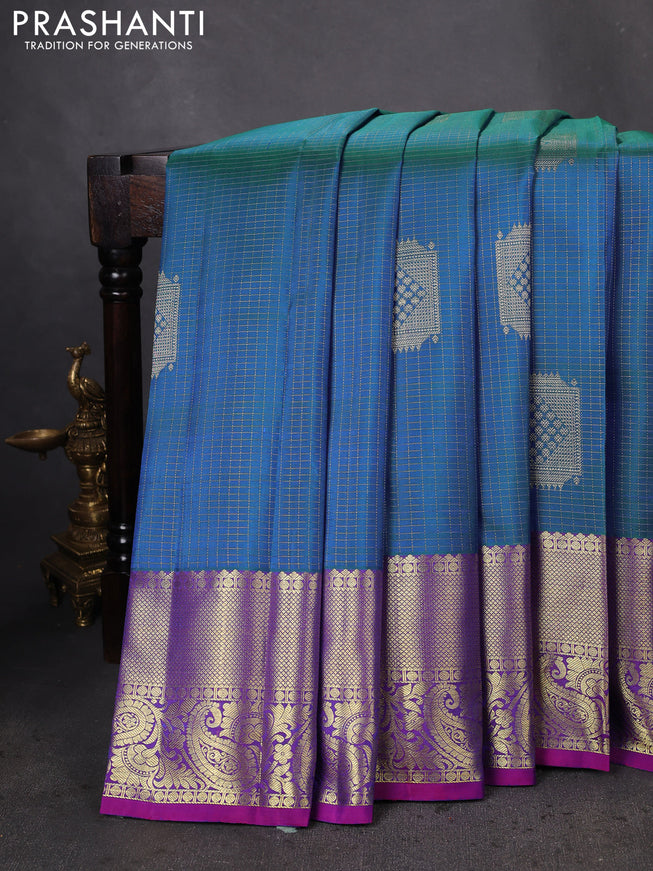 Pure kanchipuram silk saree cs blue and purple with allover zari checked pattern & buttas and zari woven border