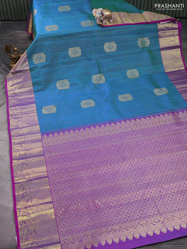 Pure kanchipuram silk saree cs blue and purple with allover zari checked pattern & buttas and zari woven border