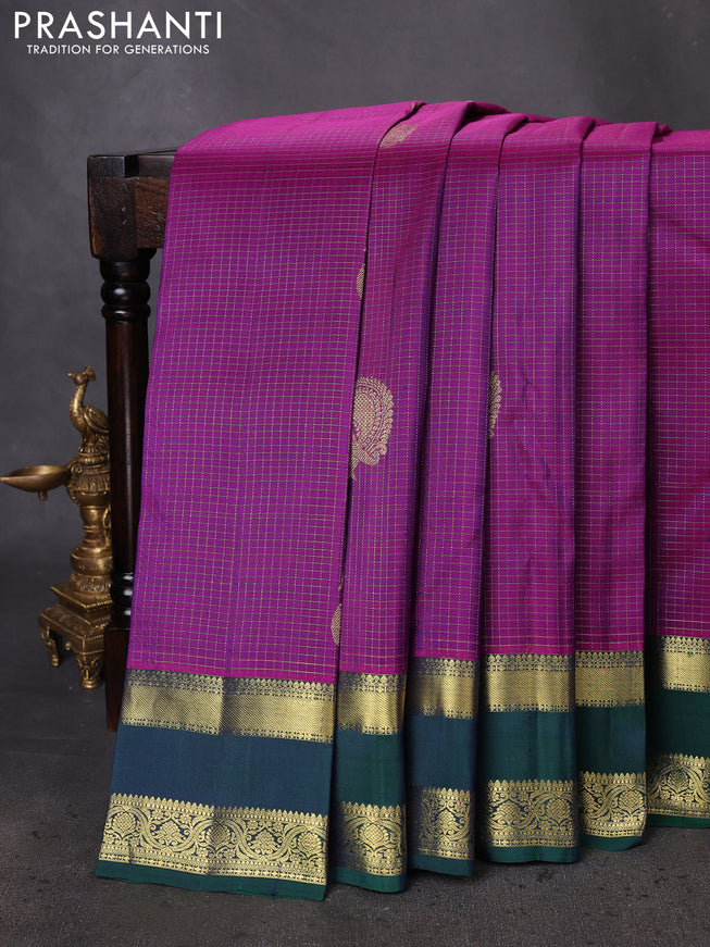 Pure kanchipuram silk saree purple and dual shade of green with allover zari checked pattern & buttas and rettapet zari woven border