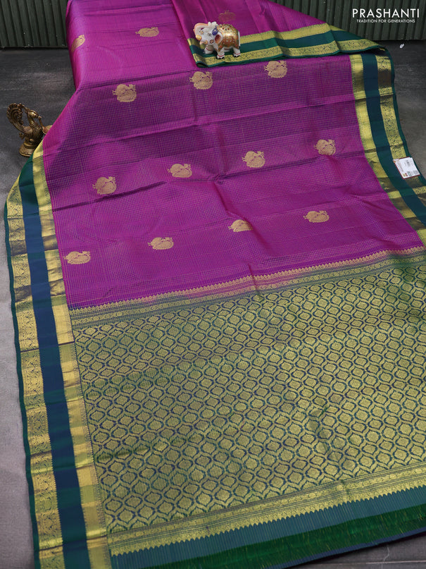 Pure kanchipuram silk saree purple and dual shade of green with allover zari checked pattern & buttas and rettapet zari woven border
