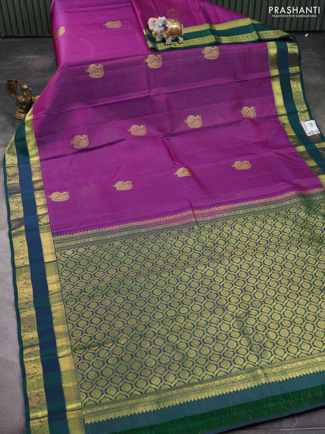 Pure kanchipuram silk saree purple and dual shade of green with allover zari checked pattern & buttas and rettapet zari woven border