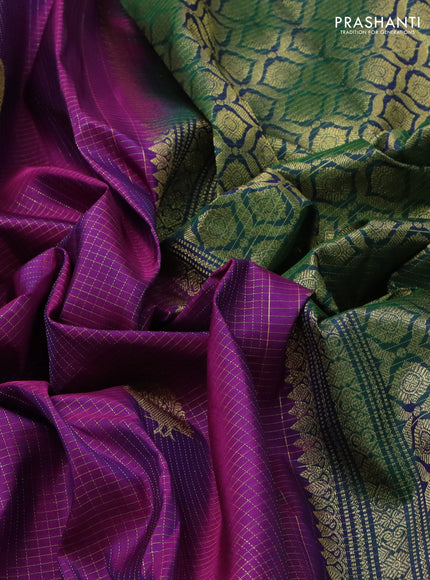Pure kanchipuram silk saree purple and dual shade of green with allover zari checked pattern & buttas and rettapet zari woven border