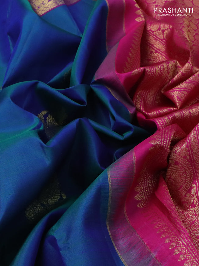 Pure kanchipuram silk saree cs blue and purple with zari woven buttas and zari woven border