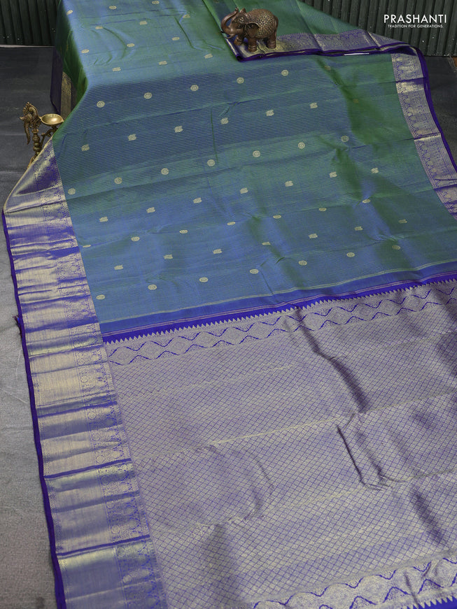 Pure kanchipuram silk saree dual shade of green and blue with allover zari weaves & buttas and zari woven border