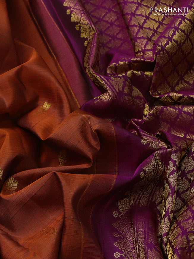 Pure kanchipuram silk saree rustic orange and magenta pink with zari woven buttas and rettapet zari woven border