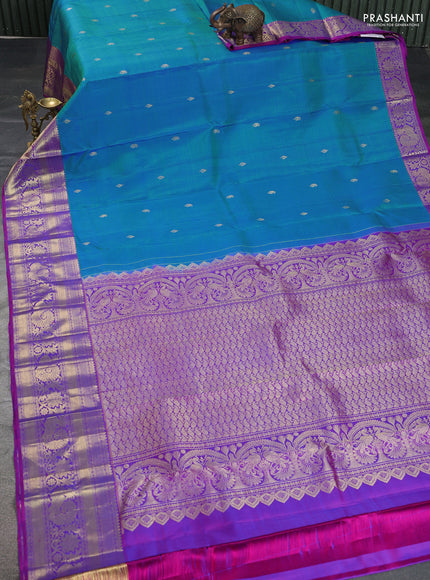 Pure kanchipuram silk saree cs blue and purple with zari woven buttas and zari woven border