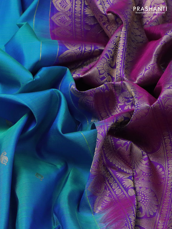 Pure kanchipuram silk saree cs blue and purple with zari woven buttas and zari woven border
