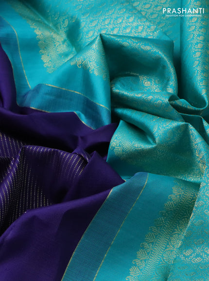 Pure kanchipuram silk saree navy blue and teal blue with allover silver & gold zari weaves in borderless style