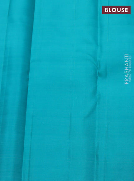 Pure kanchipuram silk saree navy blue and teal blue with allover silver & gold zari weaves in borderless style