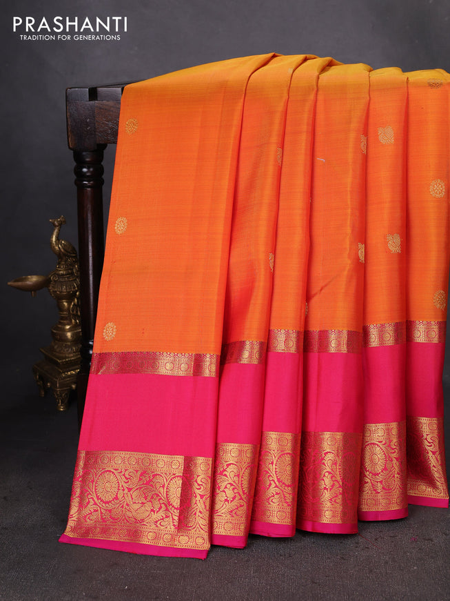 Pure kanchipuram silk saree mango yellow and pink with zari woven buttas and rettapet zari woven border