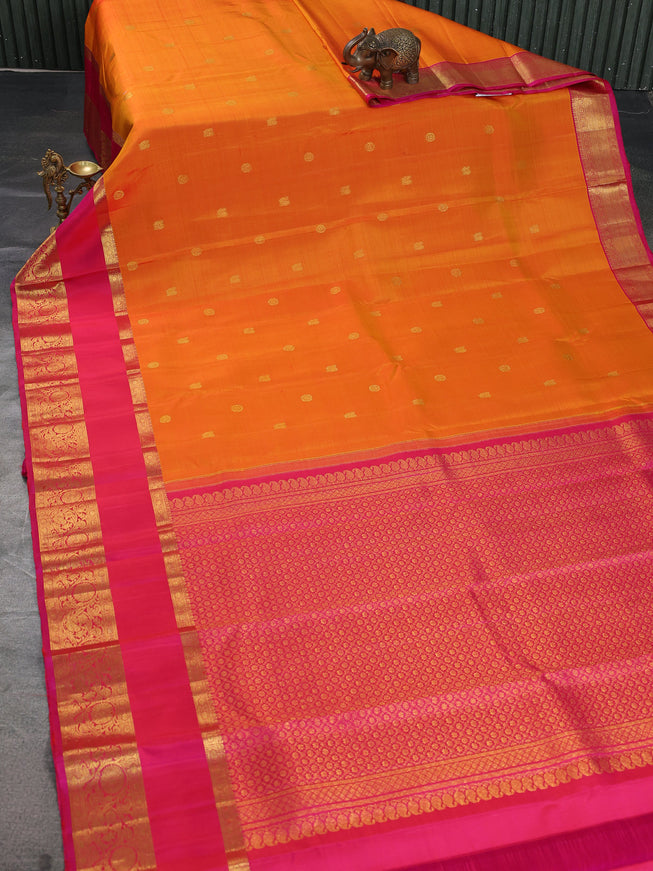 Pure kanchipuram silk saree mango yellow and pink with zari woven buttas and rettapet zari woven border