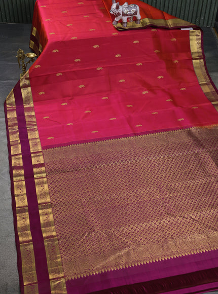 Pure kanchipuram silk saree dual shade of pinkish orange and magenta pink with zari woven buttas and rettapet zari woven border