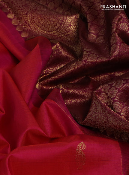 Pure kanchipuram silk saree dual shade of pinkish orange and magenta pink with zari woven buttas and rettapet zari woven border