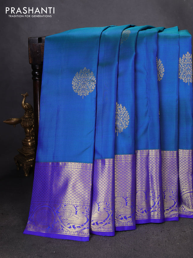 Pure kanchipuram silk saree cs blue and royal blue with zari woven buttas and zari woven border