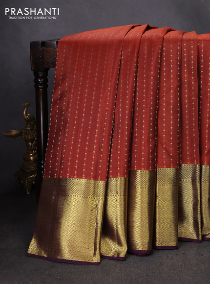 Pure kanchipuram silk saree rustic orange and deep wine shade with allover zari weaves and zari woven border