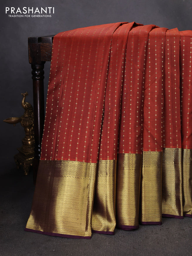 Pure kanchipuram silk saree rustic orange and deep wine shade with allover zari weaves and zari woven border
