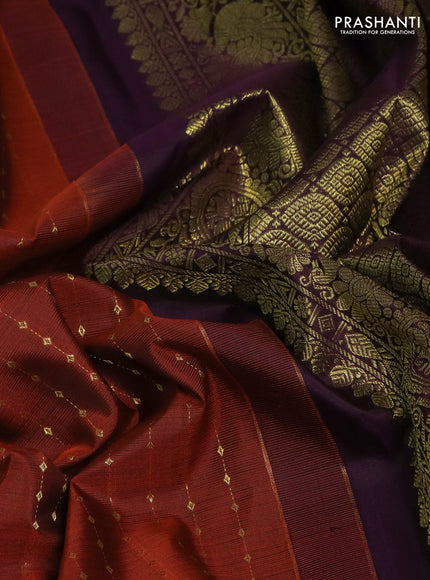 Pure kanchipuram silk saree rustic orange and deep wine shade with allover zari weaves and zari woven border