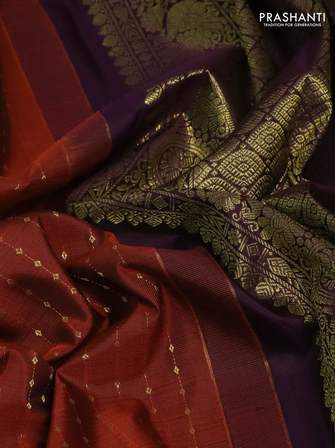 Pure kanchipuram silk saree rustic orange and deep wine shade with allover zari weaves and zari woven border