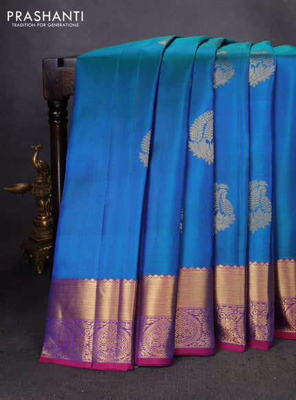 Pure kanchipuram silk saree cs blue and maroon with zari woven buttas and zari woven border