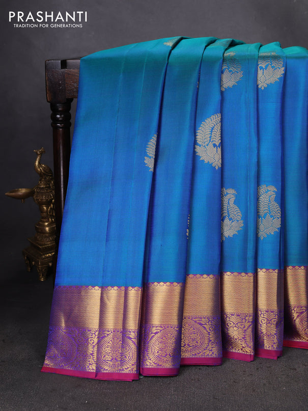 Pure kanchipuram silk saree cs blue and maroon with zari woven buttas and zari woven border