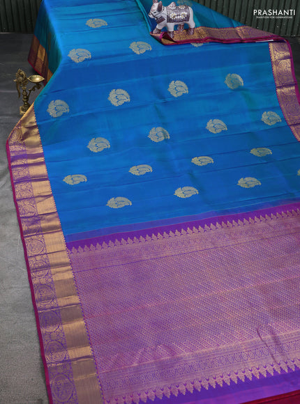 Pure kanchipuram silk saree cs blue and maroon with zari woven buttas and zari woven border