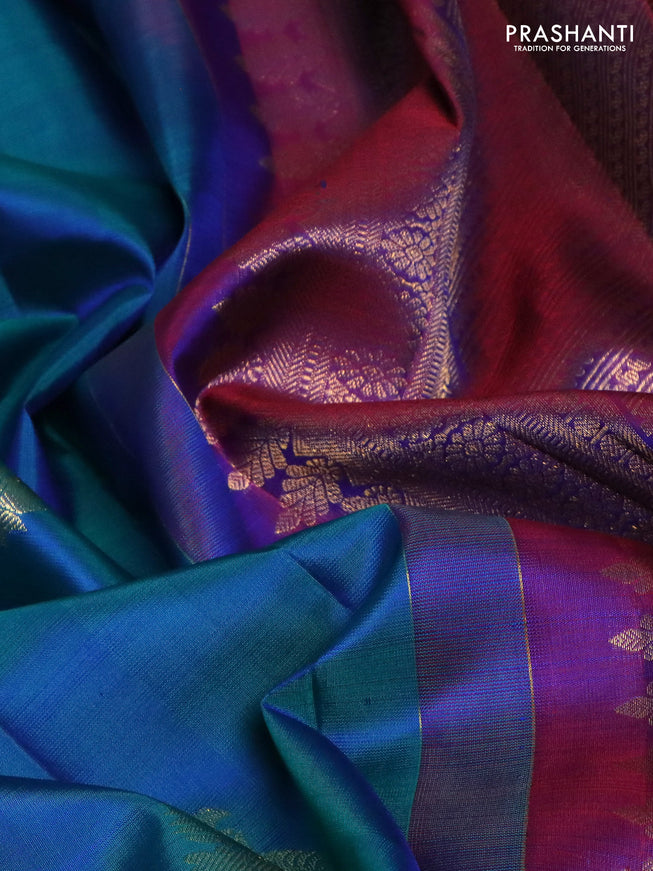 Pure kanchipuram silk saree cs blue and maroon with zari woven buttas and zari woven border
