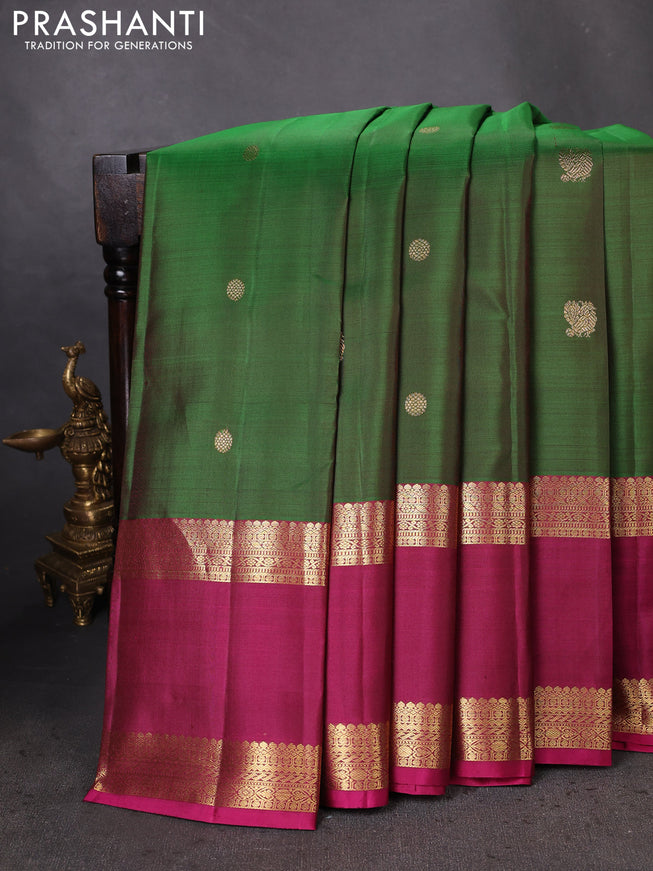 Pure kanchipuram silk saree green and magenta pink with zari woven buttas and rettapet zari woven border