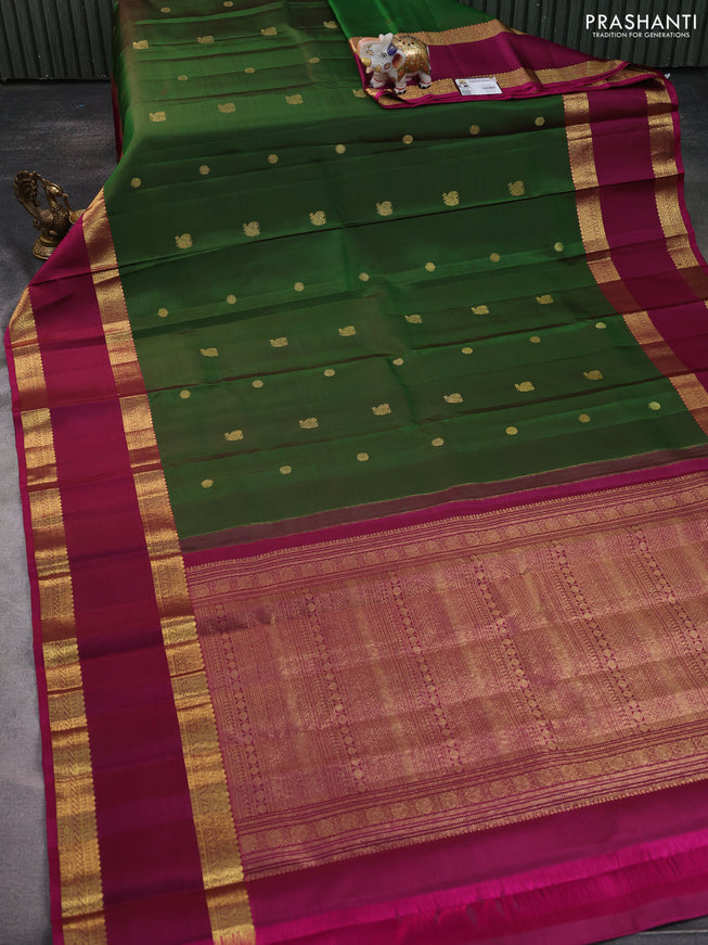 Pure kanchipuram silk saree green and magenta pink with zari woven buttas and rettapet zari woven border