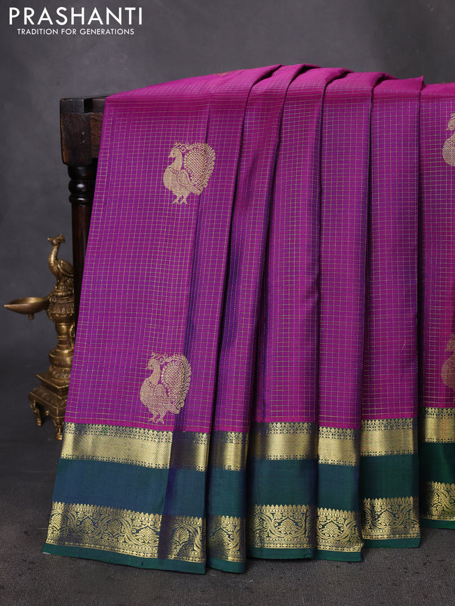 Pure kanchipuram silk saree purple and dual shade of green with allover zari checked pattern and rettapet zari woven border