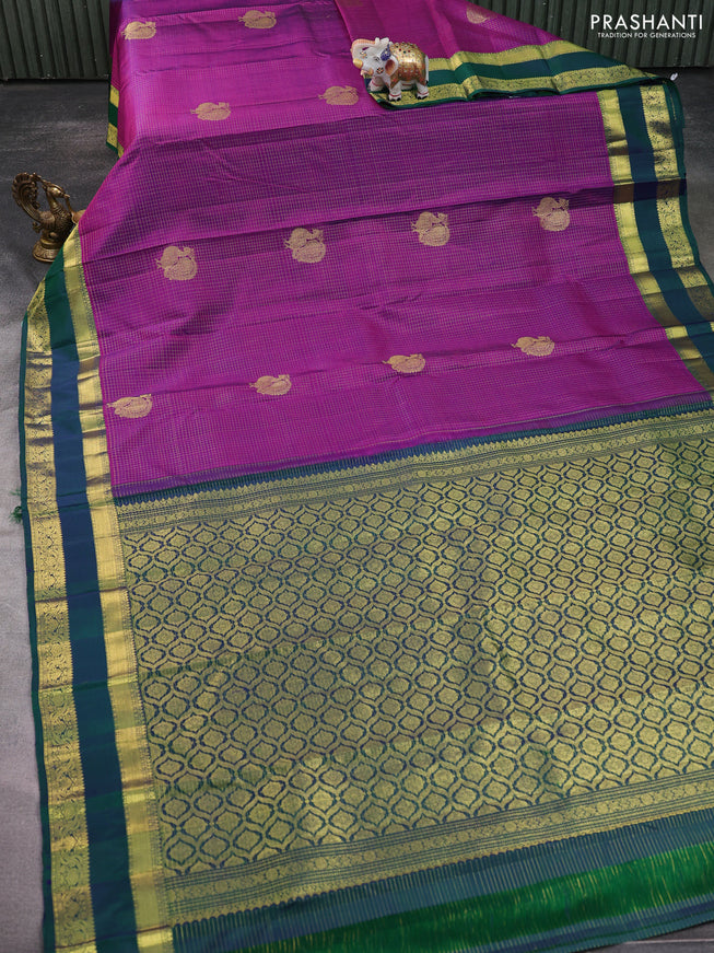 Pure kanchipuram silk saree purple and dual shade of green with allover zari checked pattern and rettapet zari woven border