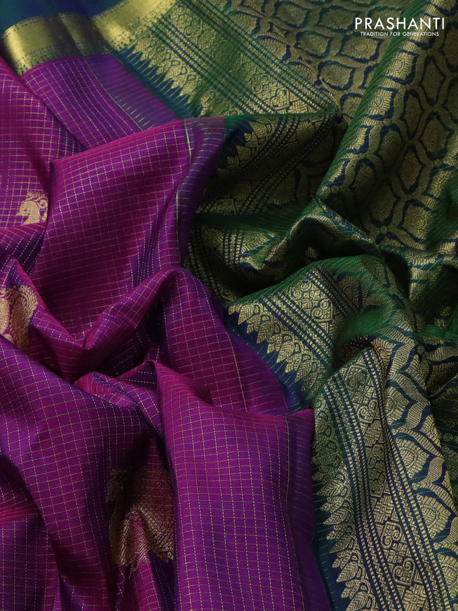 Pure kanchipuram silk saree purple and dual shade of green with allover zari checked pattern and rettapet zari woven border