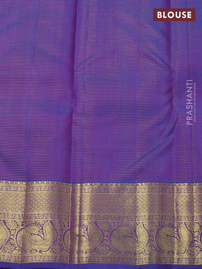 Pure kanchipuram silk saree dual shade of pinkish orange and dual shade of blue with allover zari woven stripes pattern & buttas and zari woven border