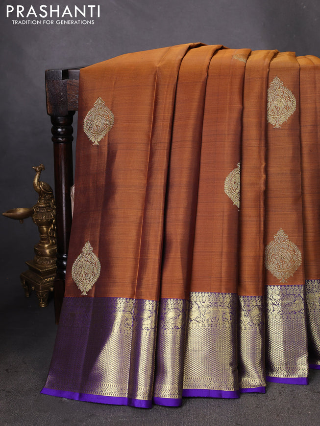 Pure kanchipuram silk saree dark mustard and blue with zari woven buttas and zari woven border