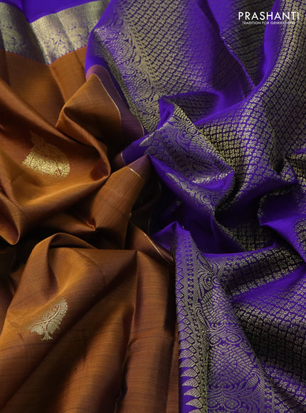 Pure kanchipuram silk saree dark mustard and blue with zari woven buttas and zari woven border