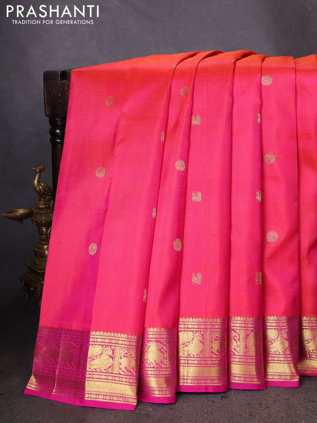 Pure kanchipuram silk saree dual shade of pinkish orange and pink with zari woven buttas and zari woven border