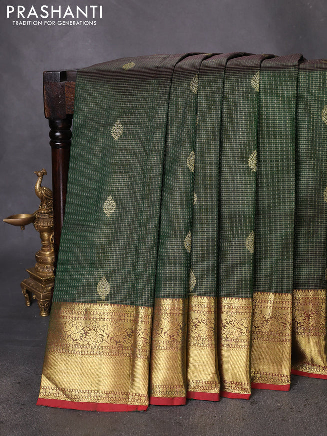Pure kanchipuram silk saree green and maroon with allover small zari checks & buttas and zari woven border