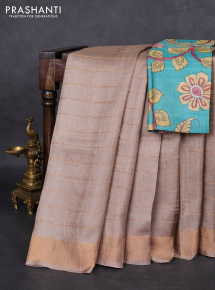 Pure tussar silk saree beige and teal blue with allover zari checked pattern and zari woven border