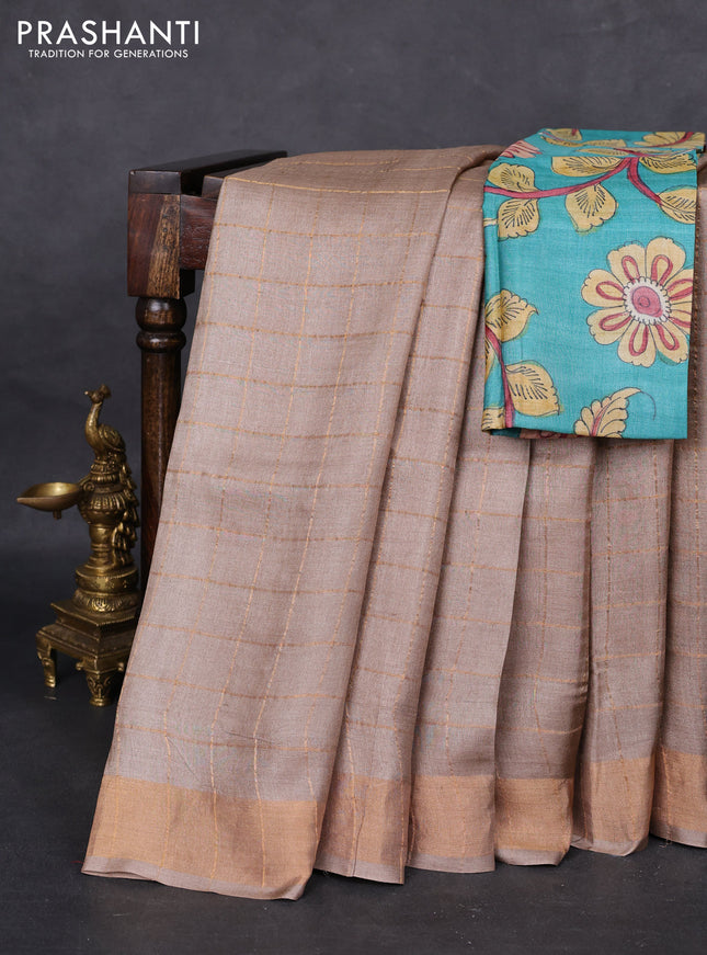 Pure tussar silk saree beige and teal blue with allover zari checked pattern and zari woven border