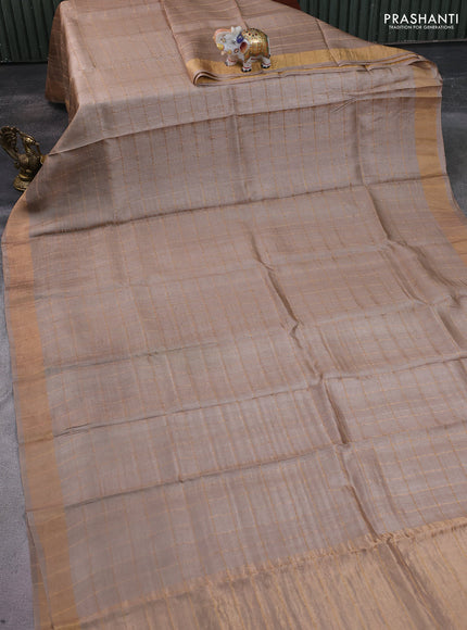 Pure tussar silk saree beige and teal blue with allover zari checked pattern and zari woven border