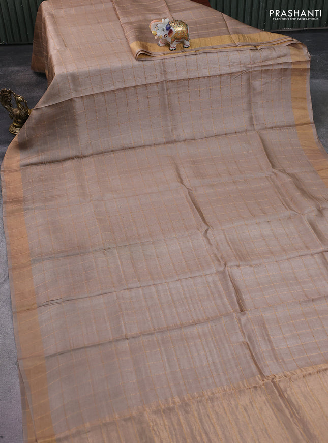 Pure tussar silk saree beige and teal blue with allover zari checked pattern and zari woven border