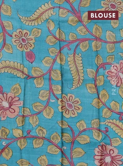 Pure tussar silk saree beige and teal blue with allover zari checked pattern and zari woven border