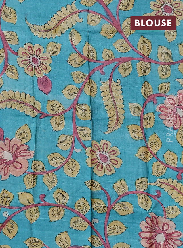 Pure tussar silk saree beige and teal blue with allover zari checked pattern and zari woven border