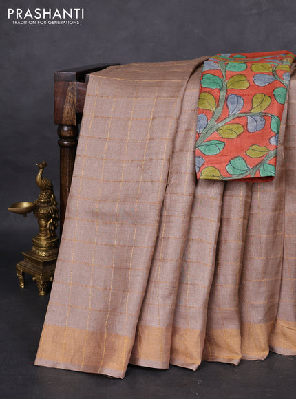 Pure tussar silk saree beige and rustic orange with allover zari checked pattern and zari woven border