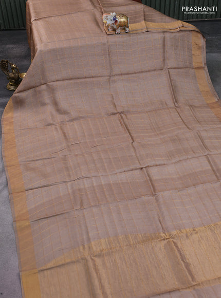 Pure tussar silk saree beige and rustic orange with allover zari checked pattern and zari woven border