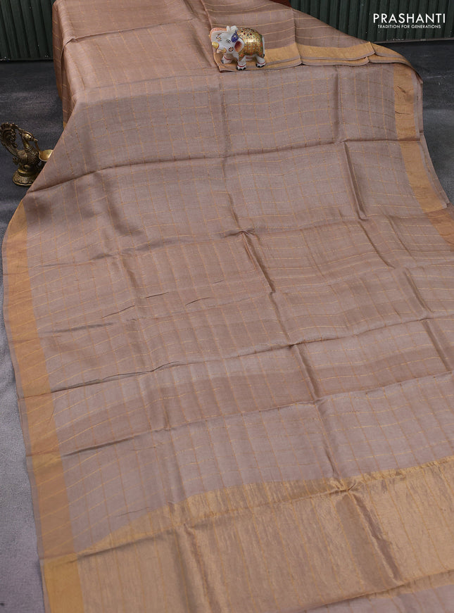Pure tussar silk saree beige and rustic orange with allover zari checked pattern and zari woven border