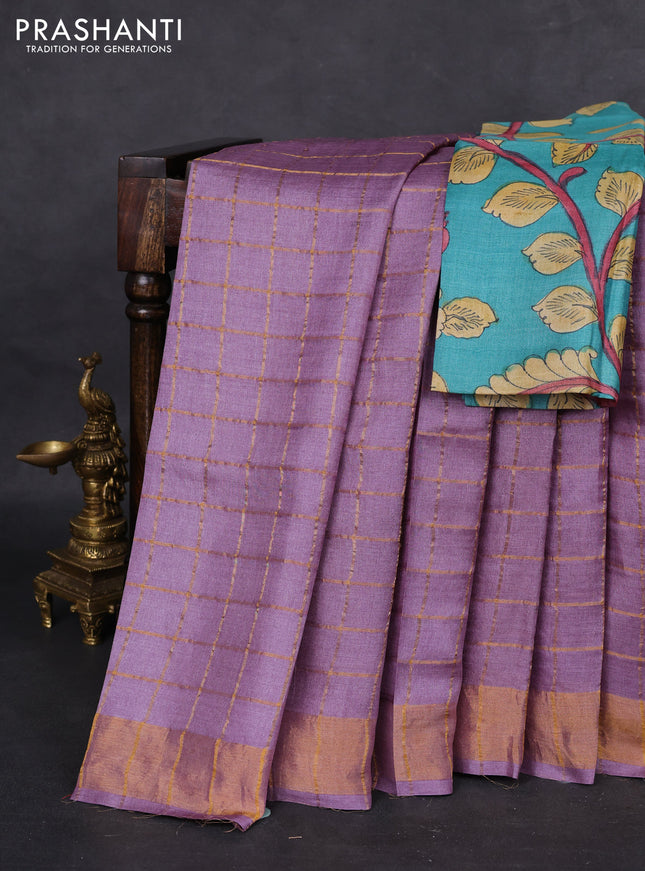 Pure tussar silk saree lavender shade and teal green with allover zari checked pattern and zari woven border
