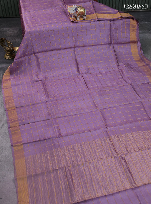Pure tussar silk saree lavender shade and teal green with allover zari checked pattern and zari woven border