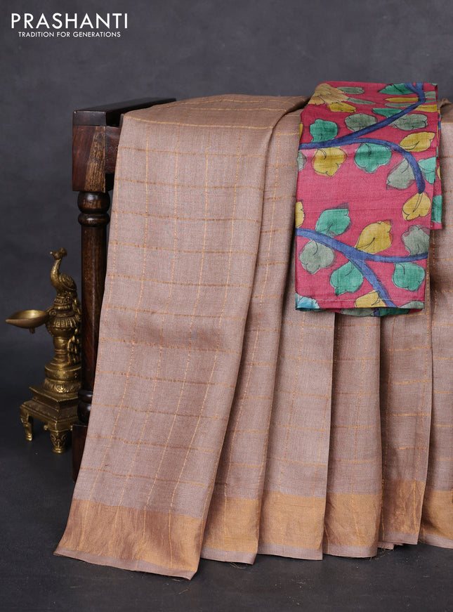 Pure tussar silk saree beige and maroon with allover zari checked pattern and zari woven border