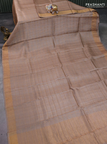 Pure tussar silk saree beige and maroon with allover zari checked pattern and zari woven border